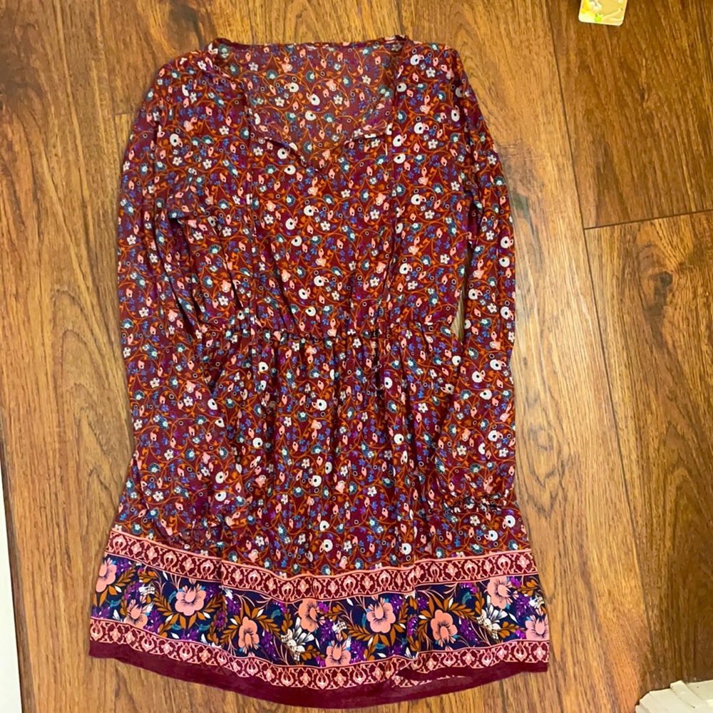 Deep brown/Red Floral Long Sleeve Dress